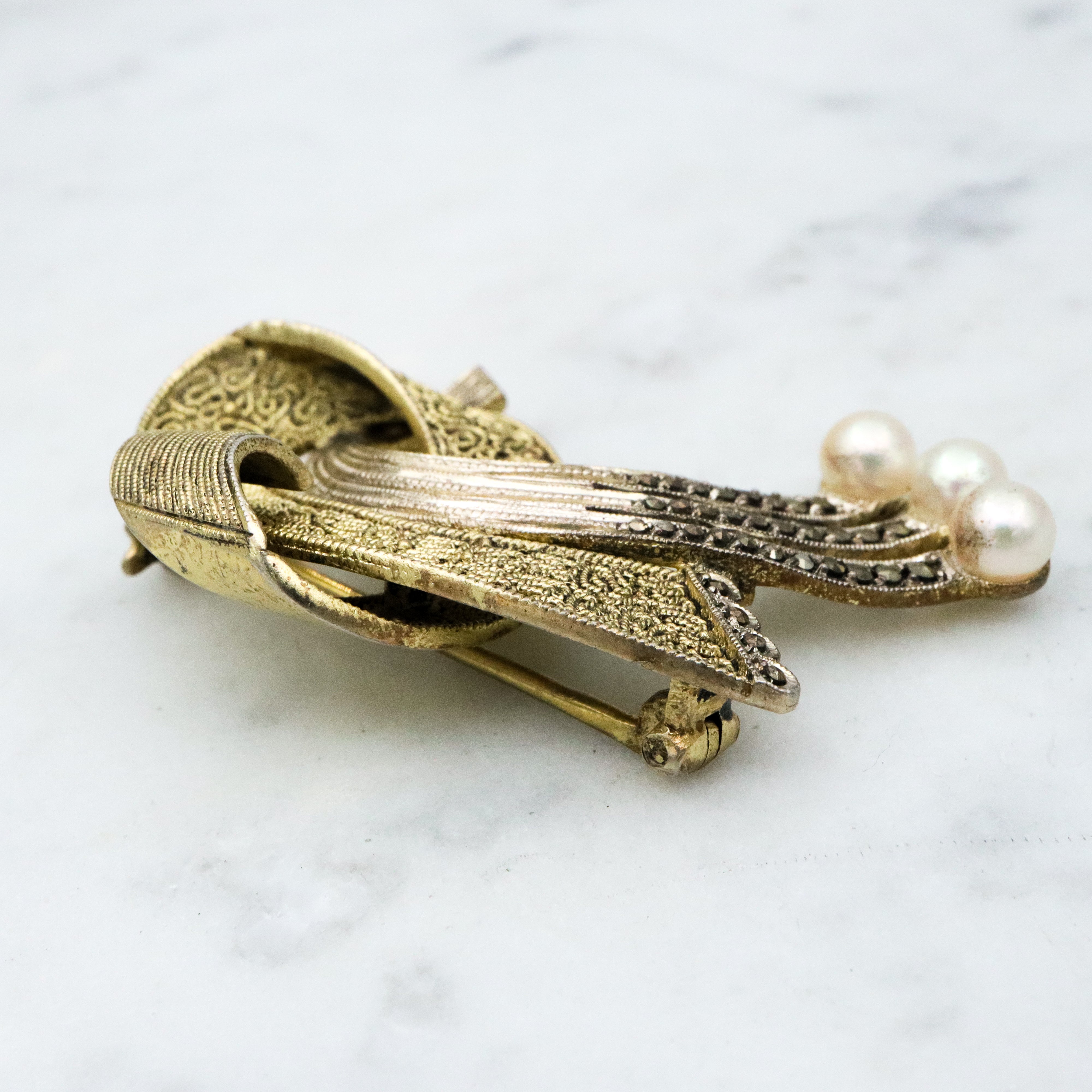 Antique Jugendstil Art Deco Theodor Fahrner vermeil sterling abstract brooch w/marcasites & pearls